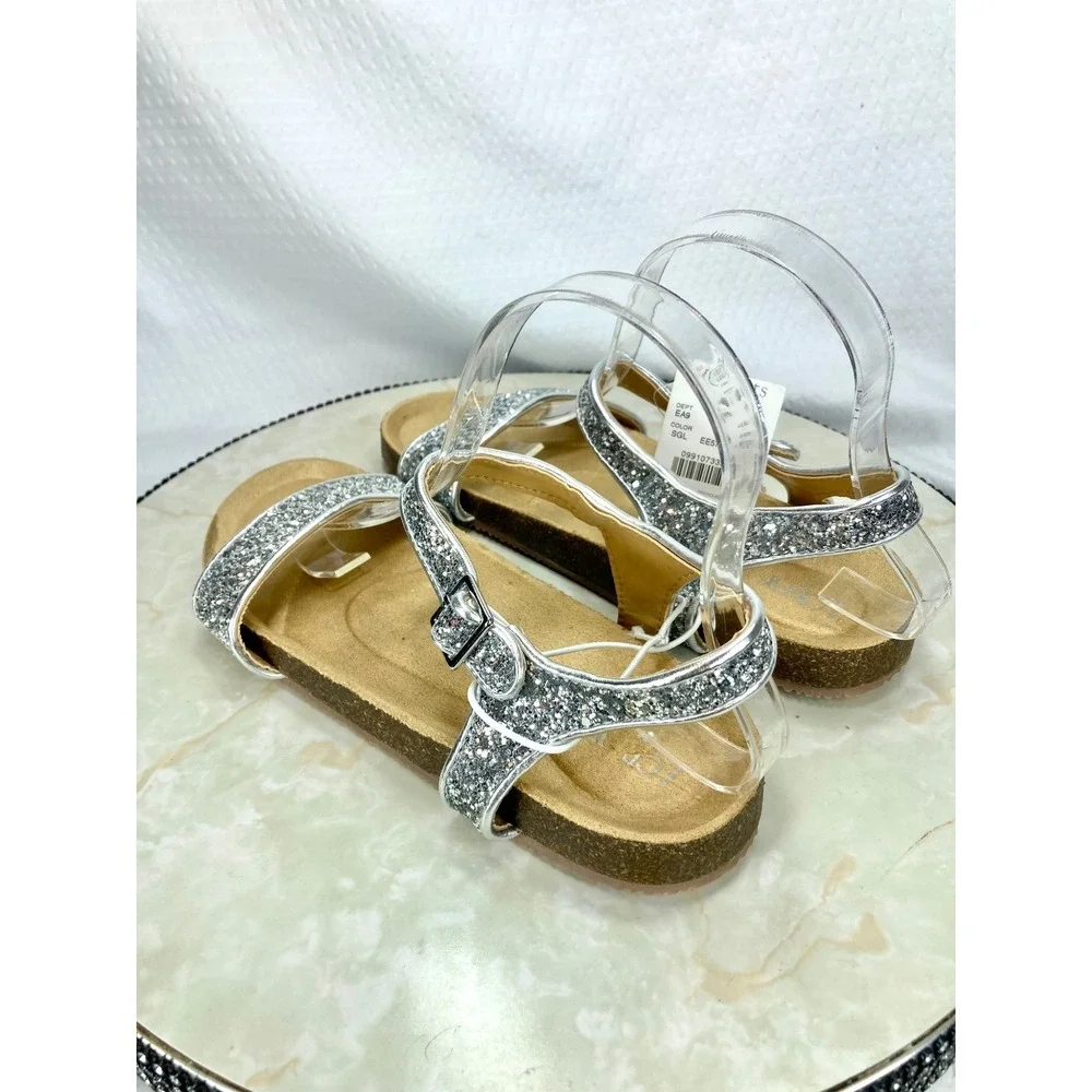 Crewcuts Glitter Two Strap Buckle Sandals Kids 5 Silver Sparkle Comfy Shoes NEW